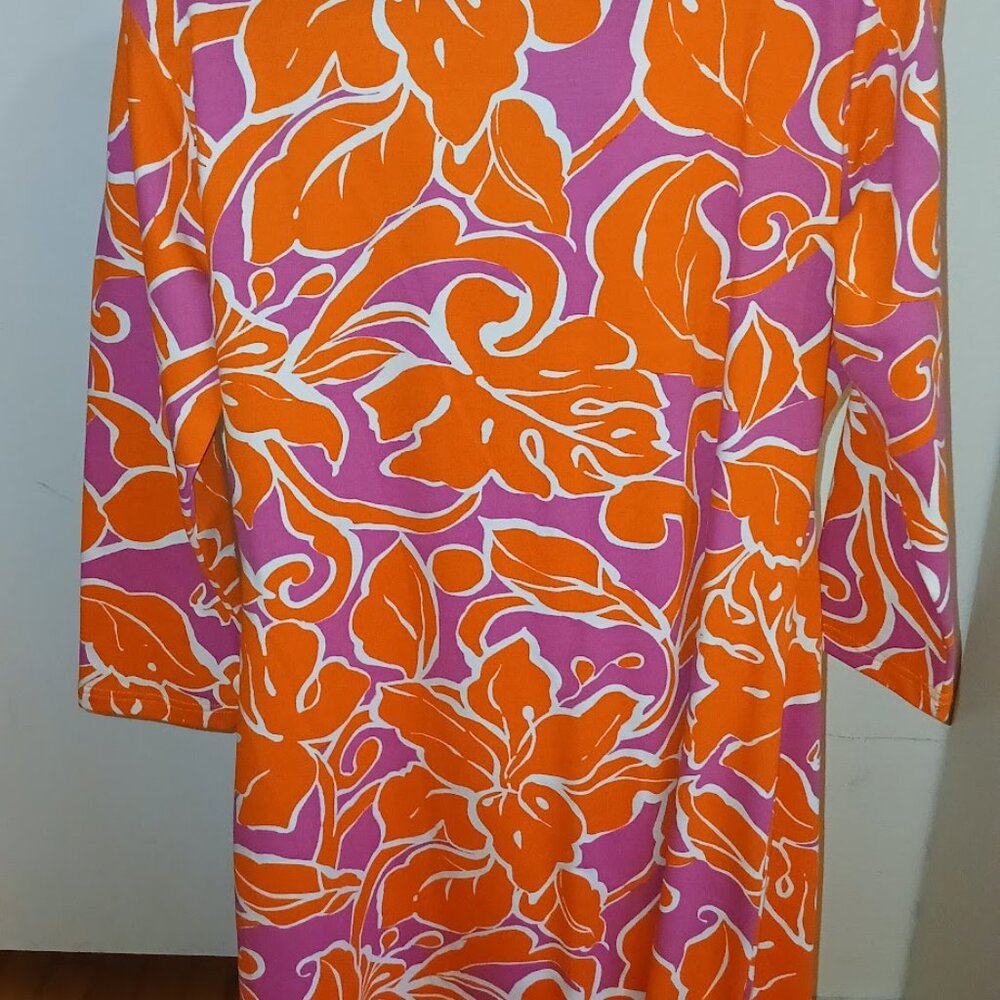 Barbara Gerwit Dress Hot Pink and Orange Split Neck Tunic Resort Wear 3/4 Sleeve - Picture 4 of 12
